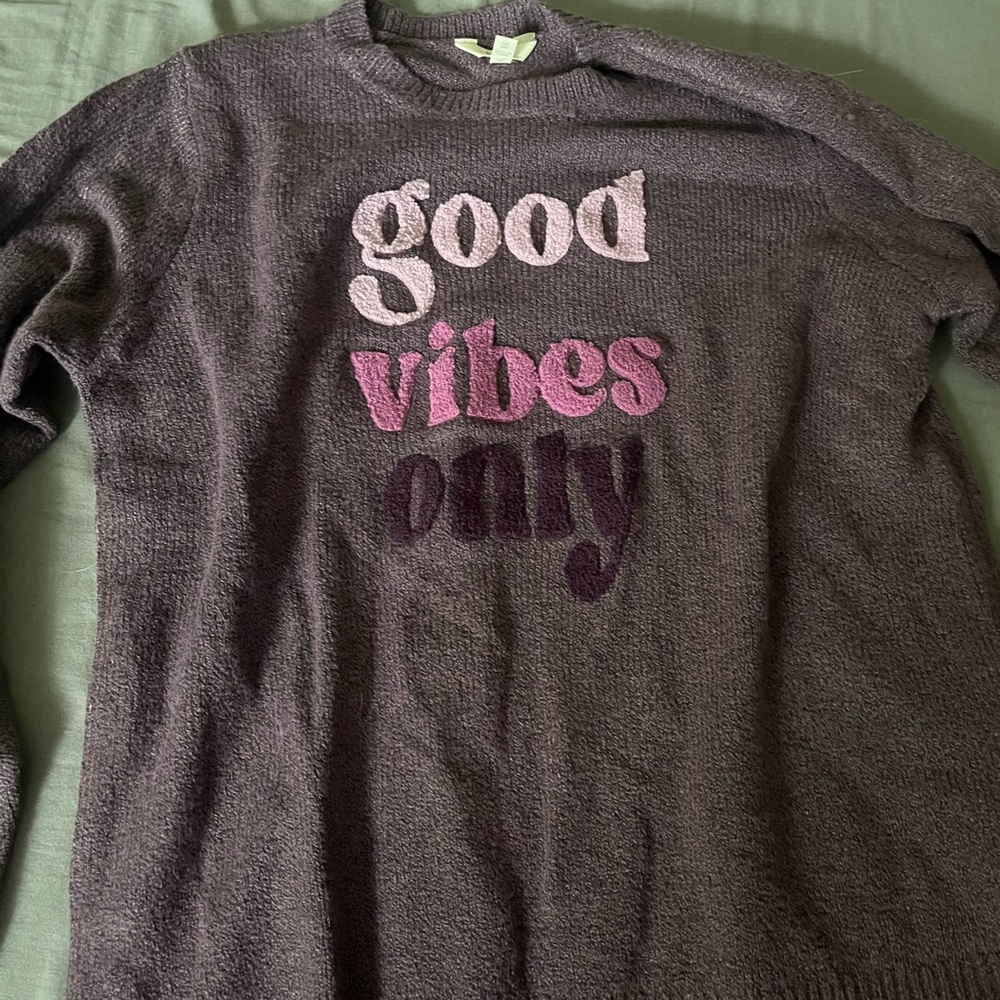 Gray Sweater with Pink and Purple Text